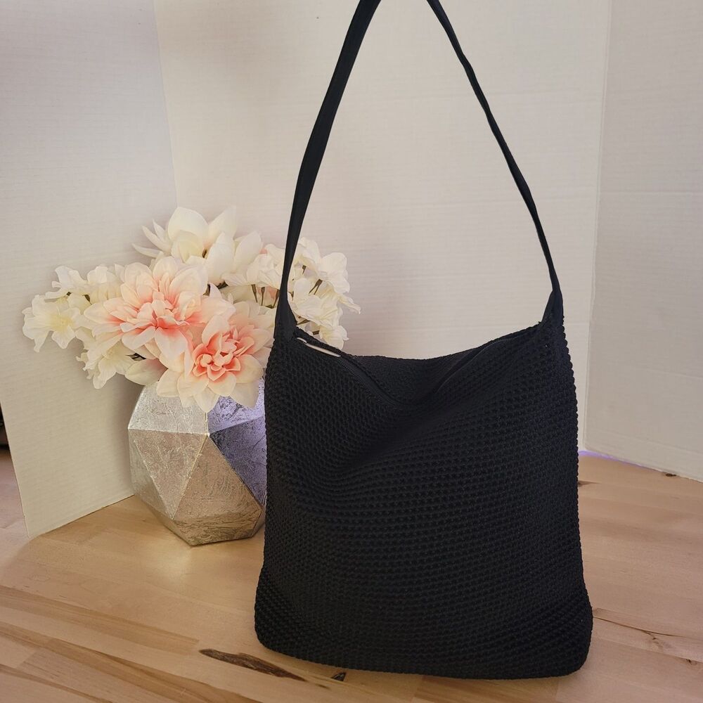 Vintage The Sak Handbag Crochet Knit Woven Shoulder Black Purse Zipper Close